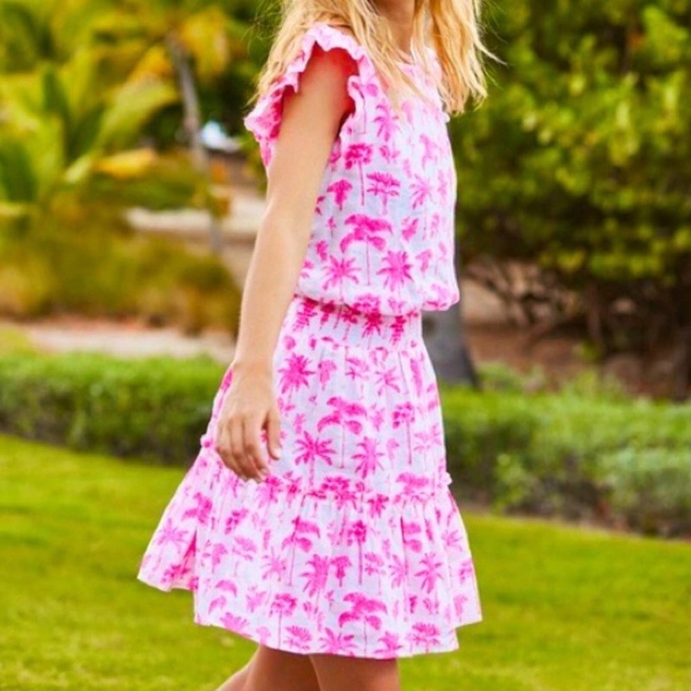 NWT Vineyard Vines Palm Tree smocked waist linen dress in Knockout Pink